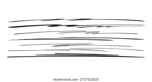 Eine Sammlung von rauen, horizontalen schwarzen Pinselstrichen, die ein strukturiertes, abstraktes Muster auf sauberem, weißem Hintergrund erzeugen.
