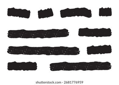 A collection of rough, textured black brush strokes arranged in a scattered pattern on a plain white background.