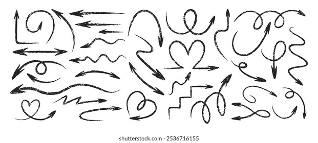 Collection of of rough, zigzag, circle and straight arrows with crayon, pastel and pencil texture. Doodle vector illustration on a white background.