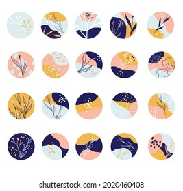 Collection of round abstract backgrounds with hand drawn shapes, leaves, spots. Modern circle icons. Trendy elements for social media, stickers