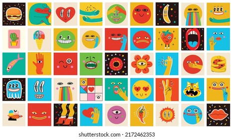 Collection of Round abstract comic Faces with various Emotions. Crazy Abstract comic geometric shape characters elements and faces. Vector Illustration