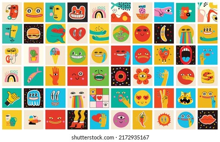 Collection of Round abstract comic Faces with various Emotions. Crazy Abstract comic geometric shape characters elements and faces. Vector Illustration