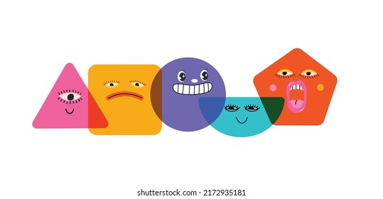 Collection of Round abstract comic Faces with various Emotions. Crazy Abstract comic geometric shape characters elements and faces. Vector Illustration