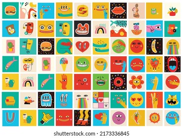 Collection of Round abstract comic Faces with various Emotions. Crazy Abstract comic geometric shape characters elements and faces. Vector Illustration