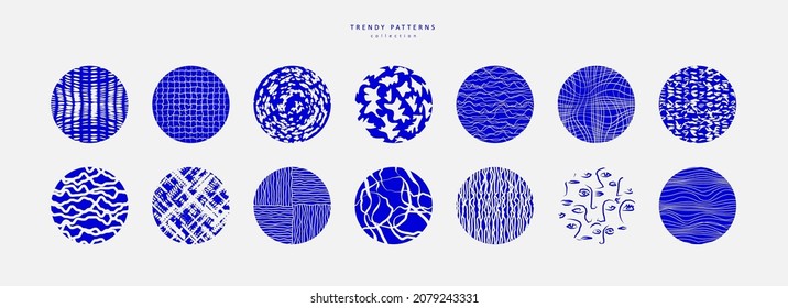 Colección de patrones redondos abstractos a mano o a mano alzada. El doodle moderno moderno y minimalista contemporáneo. Plantillas para iconos de medios sociales, afiches. Vector