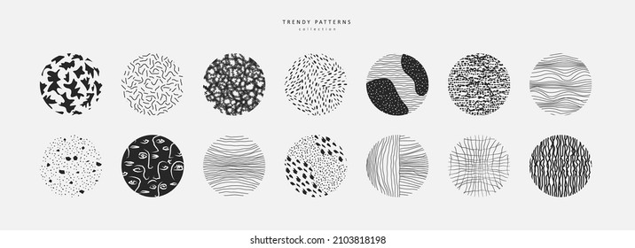 Collection of round abstract hand drawn or freehand patterns. Contemporary minimal modern trendy doodle. Templates for social media icons, posters. Vector