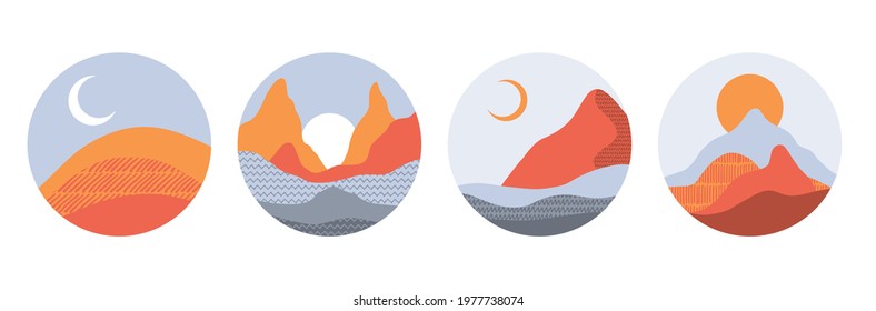 Collection of round abstract landscapes. Sun, mountains, waves. Japanese style. fashionable colors of Terra. Round logo landscape. Layouts for social networks, banners, posters. vector illustration