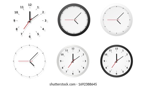 Collection of round analog dial clock faces with hour, minute and second hands isolated on white background. Time indication. Modern realistic vector illustration.