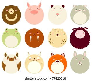 Collection of round avatars icons with faces of cute animals. Vector icons set in flat style. EPS8