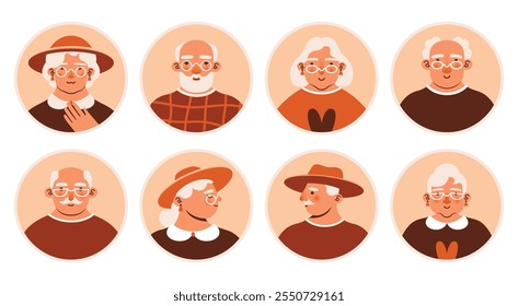 Collection of round avatars with old man and old woman. Set of cartoon characters of senior woman, senior man. Cute naive diverse portraits. Grandparent's faces with beard, eyeglasses. Flat Design. 