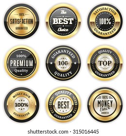 Collection of round black badges with gold border