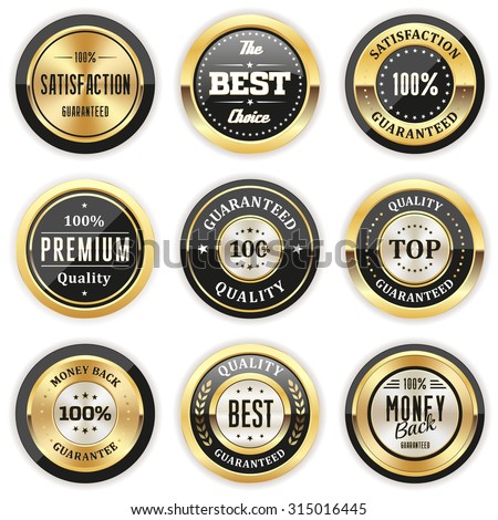 Collection of round black badges with gold border