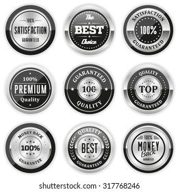 Collection of round black badges with silver border on white background