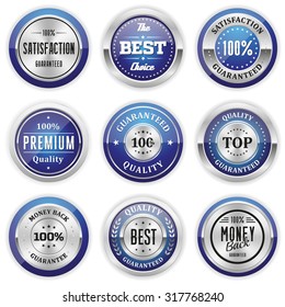 Collection of round blue badges with silver border on white background