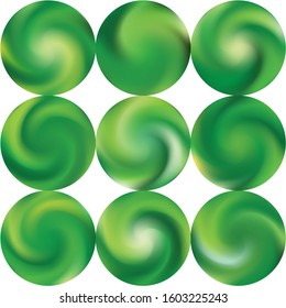 Collection of round blurred backgrounds. Trendy soft color pearl. Geometric retro style of 80th. Green modern abstract covers for your graphic design or creative projects.