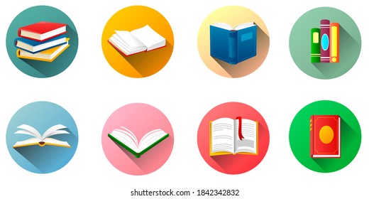 Collection of round book labels. Set of books isolated on white background. Open, close and stack of books. Book icons set, education flat design in a round frame. Vector illustration