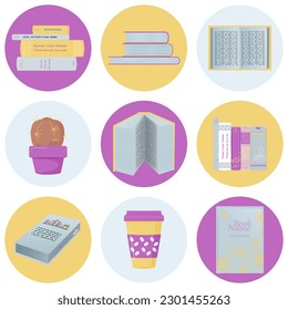 Colección de etiquetas de libros redondos. Conjunto de libros aislados sobre fondo blanco. Abrir, cerrar y apilar libros. Juego de iconos de libro, diseño plano educativo en un marco redondo. Ilustración del vector