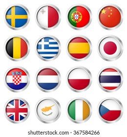 collection of round buttons with different country flags and silver frame