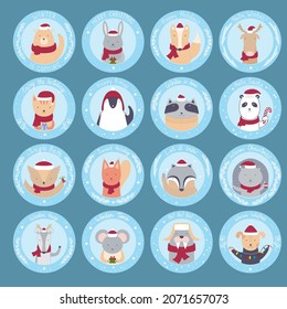 Collection of round cards with a cute animals in a hat and a sweater with the holidays text. Vector illustration for cards, invitations, stickers, t-shirts, labels