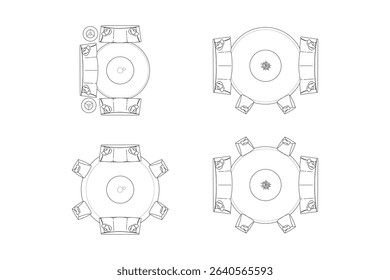Collection of Round Carpet and Classic Sofa Seating Floor Plans. Vector Lines Black on White Background.