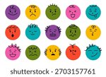Collection of round cartoon faces with different emotions. Colorful funny emoji character avatars set. Comic emoticon icons with various facial expressions in crayon doodle style. Vector illustration.