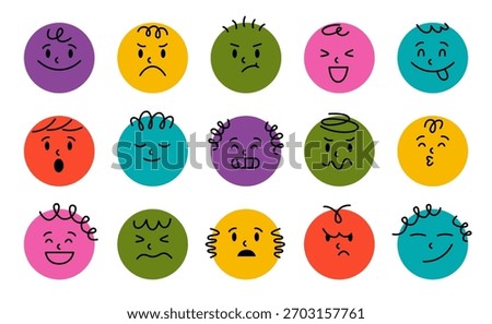 Collection of round cartoon faces with different emotions. Colorful funny emoji character avatars set. Comic emoticon icons with various facial expressions in crayon doodle style. Vector illustration.