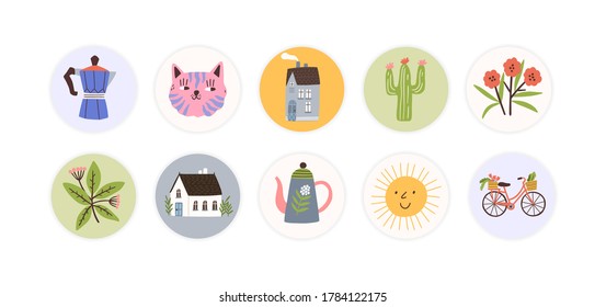 Collection of round childish tag, sticker. Design, decorated scrapbook elements. Muzzles, house, flower, bicycle, sun, pot, cactus badge. Flat vector cartoon illustration isolated on white background