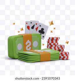 Collection of round chips, playing cards, and banknotes. Concept of online game. Winning, cash prize, jackpot in web casino. Vector illustration in 3D style