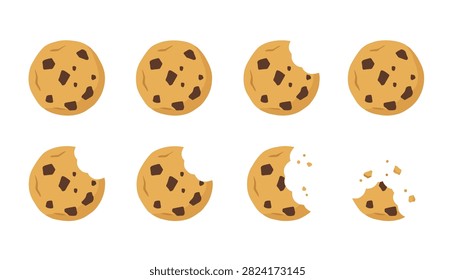 Collection of round chocolate chip cookies shown in various stages of consumption from whole biscuits to broken crumbs on a clean background.