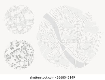 Collection of round city maps in minimal line style. Circular City Maps with Streets, Buildings and Urban Planning. Vector illustration