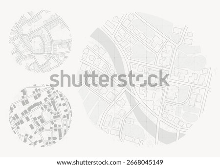 Collection of round city maps in minimal line style. Circular City Maps with Streets, Buildings and Urban Planning. Vector illustration