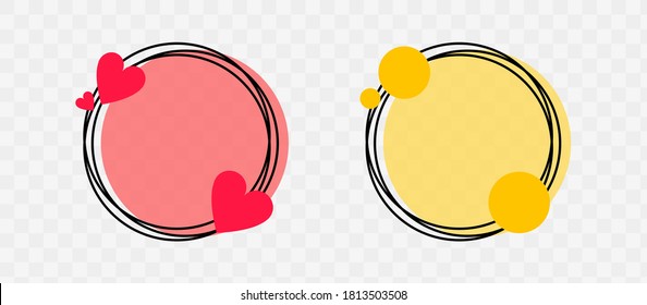 Collection round colored frames with decorative elements. Vector flat illustration. Black frames with heart and roundel on white background.