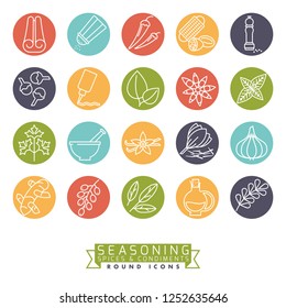 Collection of round colored spices, herbs, condiments and seasoning vector icons