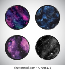 Collection of round colorful cosmic, astro vector backgrounds or night sky with stars, universe, galaxy. Watercolor shape with frame. Watercolour stains circles set with brush edges border.