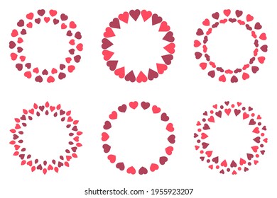 Colección de bordes decorativos redondos con corazones rosados.  Diseñar plantillas. Elementos para bodas, vacaciones y tarjetas de felicitación. Ilustración vectorial.