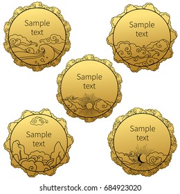 Collection of round decorative graphic design elements in oriental style. Vector hand drawn illustration