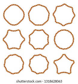Collection of round decorative rope border frames on white background. For sale, package and vintage label. Outline flat vector illustration.