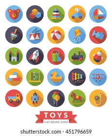 Collection of round flat design long shadow childrens toys icons