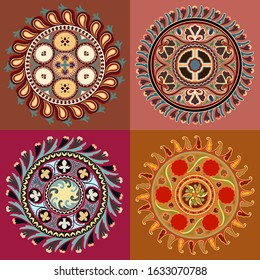Collection of round floral oriental Kazakh Uzbek, Persian, Arabian, Asian boho style damask islamic ornamental motifs. Colorful solar circles composition for custom print. Vector stock illustration.