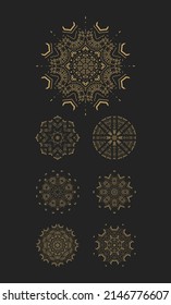 Collection of round fractal patterns with weave. Decorative ornament in ethnic oriental style. Round pattern in form of mandala for Henna, Mehndi, tattoo, decoration. Vector