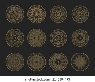 Collection of round fractal patterns with weave. Decorative ornament in ethnic oriental style. Round pattern in form of mandala for Henna, Mehndi, tattoo, decoration. Vector