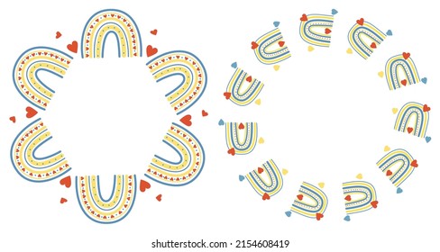 Collection of round frames with decorative Scandinavian rainbows and hearts. Vector illustration. Decorative card-wreath for decoration, napkin for design and decor, print