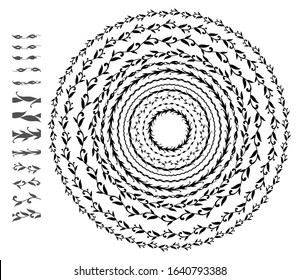 Collection of round frames with floral ornaments. Set of decorative elements for a patterned brush. The motives for the continuous ribbon ornament

