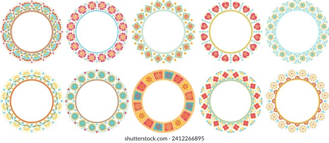 Collection of round frames in folkloric style. Vector separate elements. Use for easter holidays,invitations,postcards,greeting