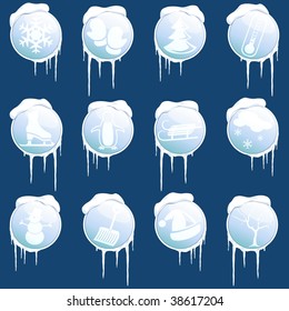 Collection of round glossy winter icons with icicles (vector); a JPG version is also available