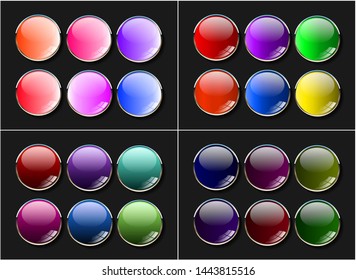 Collection round glowing glossy buttons silver frame , web element