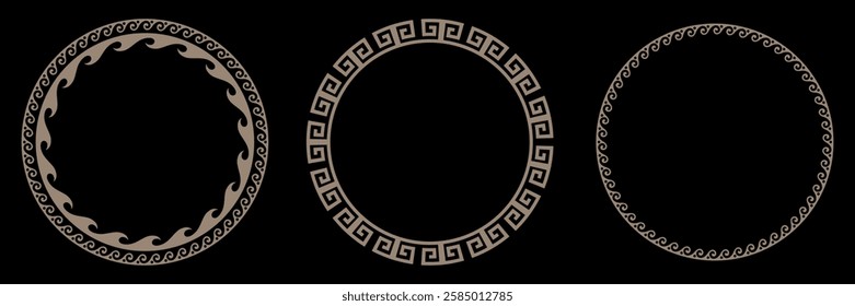 Collection of round gold frames with Greek meander ornaments. Circle gold frame. Template for cards, invitations, textiles, engraving, wooden furniture, forging, ceramic, plate, medallion, porcelain