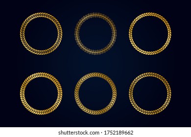Collection of round golden frames from laurel branches with foliage. Vector illustration.