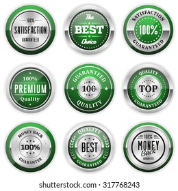 Collection of round green badges with silver border on white background