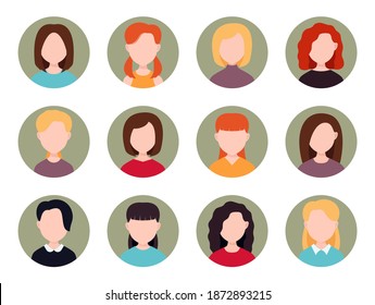 collection of round icons with female avatars without a face. vector flat illustration. cartoon character. portraits of girls.